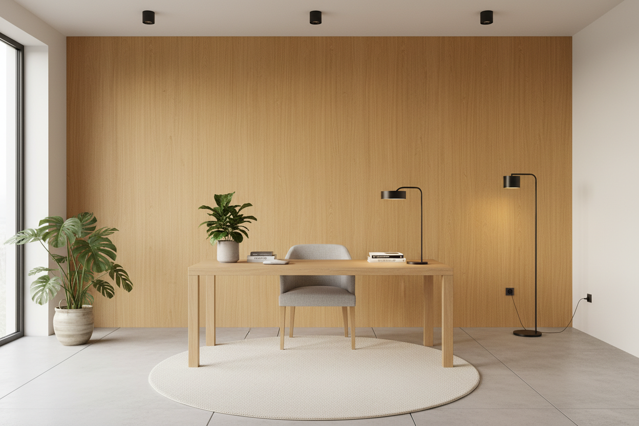 Film adhésif imitation bois Cover Styl CT41 noyer jaune posé sur mur et meuble de bureau
