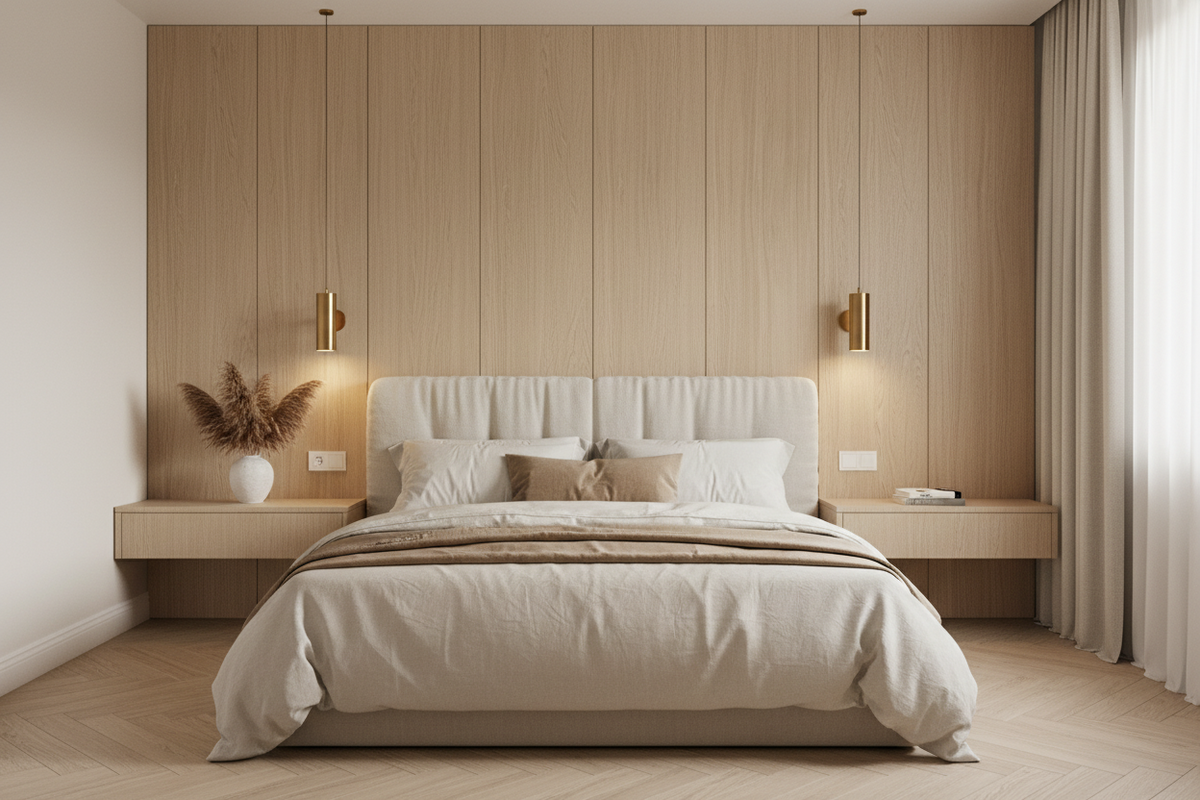 Film adhésif imitation bois Cover Styl CT62 chêne beige profond posé sur meuble et mur de la chambre