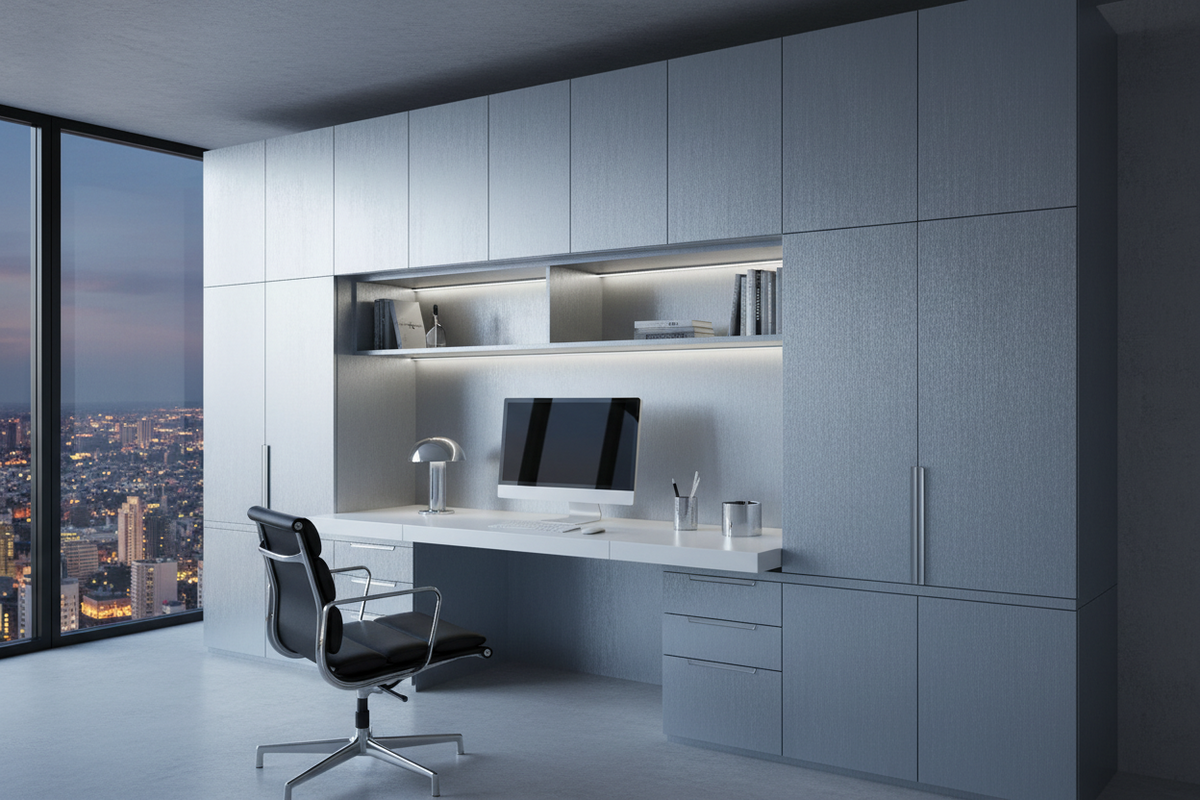Film adhésif imitation métal Cover Styl ND01 bleu argent brossé posé sur meuble de bureau