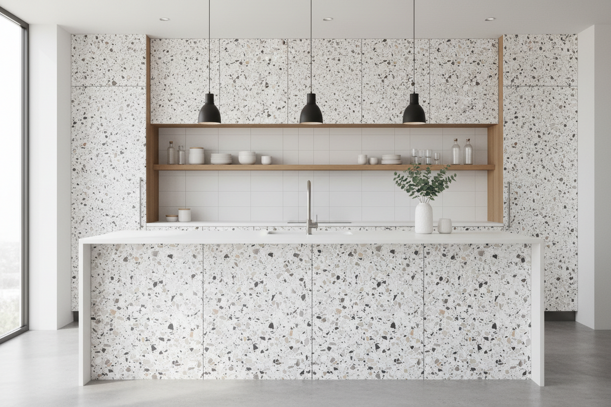 Film adhésif imitation terrazzo Cover Styl NH43 noir mélangé posé sur meubles de cuisine