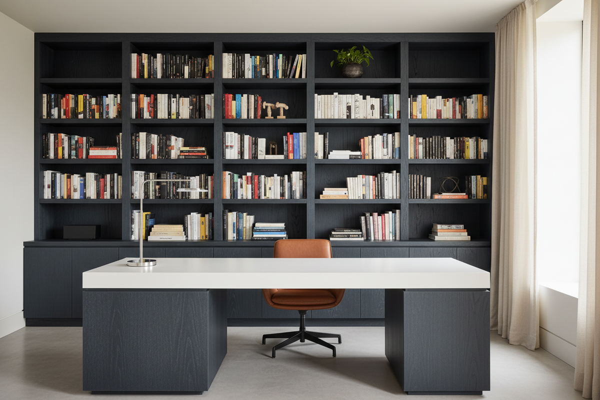 Film adhésif bois peint Midnight Grey Cover Styl NH58 posé sur meuble de bureau