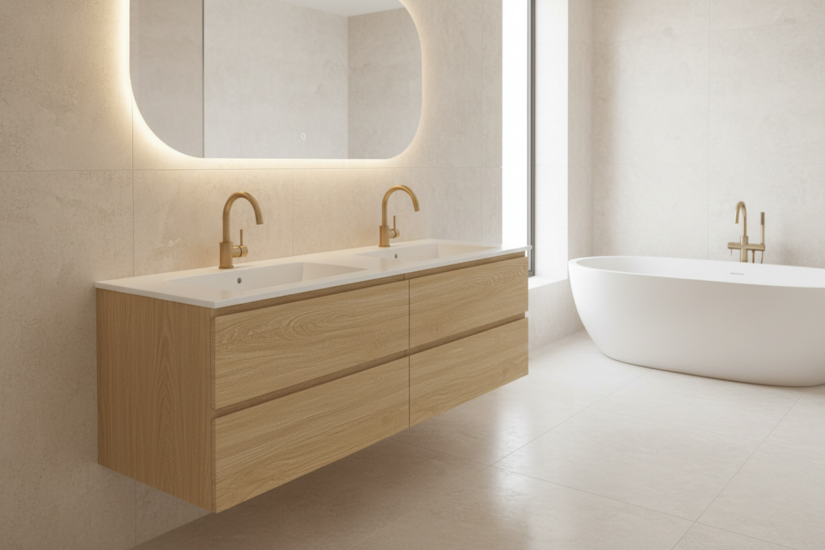 Film adhésif imitation bois Cover Styl NF45 chêne doré blanchi posé sur meubles de salle de bain