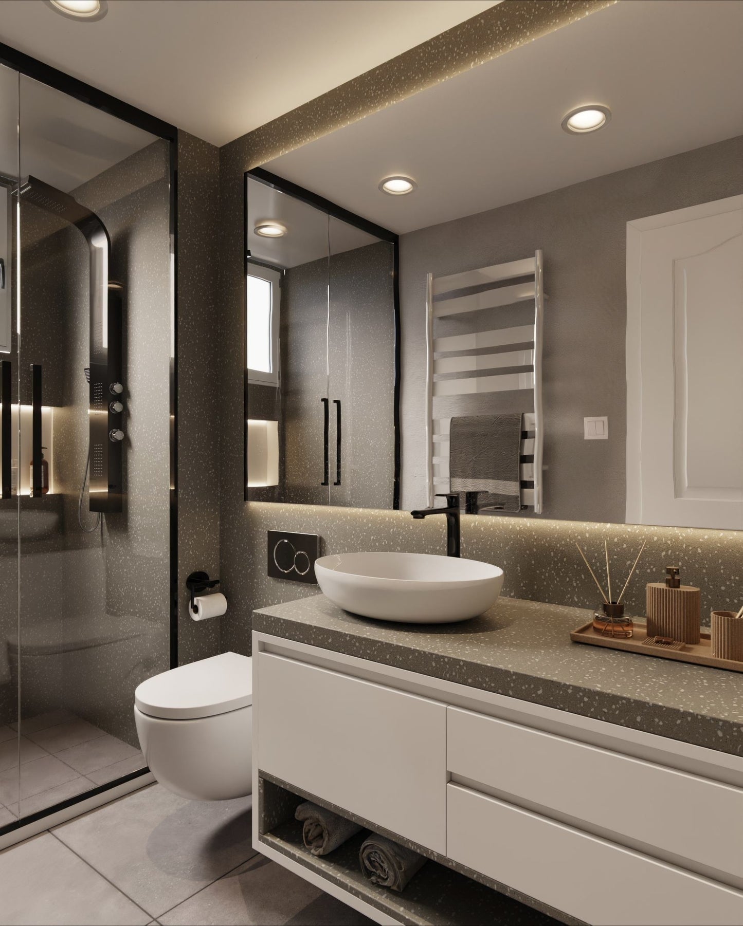 Film adhésif décoratif effet terrazzo gris moucheté Cover Styl NG02 pour rénovation de cuisine, meuble, mur et salle de bain.