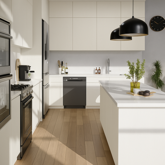 Film adhésif décoratif Cover Styl NH93 blanc cassé rayé posé sur façades de cuisine