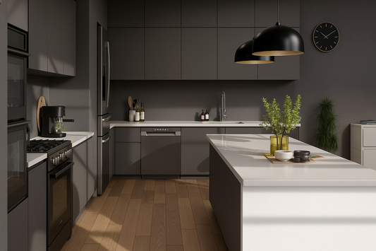 Film adhésif décoratif Cover Styl NF08 gris foncé posé sur meuble et façade de cuisine
