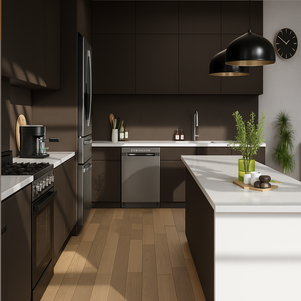 Film adhésif décoratif Cover Styl NF09 couleur cacao posé sur meuble et façade de cuisine