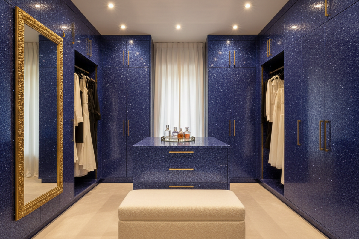  Film adhésif décoratif pailleté bleu nuit Midnight Blue Disco texturé Cover Styl R11 posé sur dressing