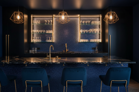 Film adhésif décoratif pailleté bleu nuit Midnight Blue Disco texturé Cover Styl R11 posé sur bar professionnel