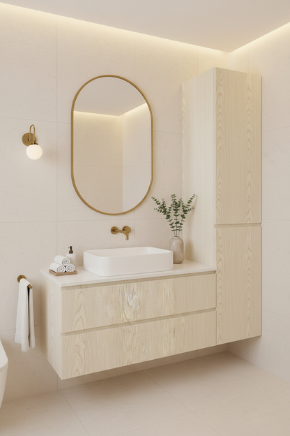Film adhésif décoratif Cover Styl AG13 chêne pâle posé sur meuble de salle de bain