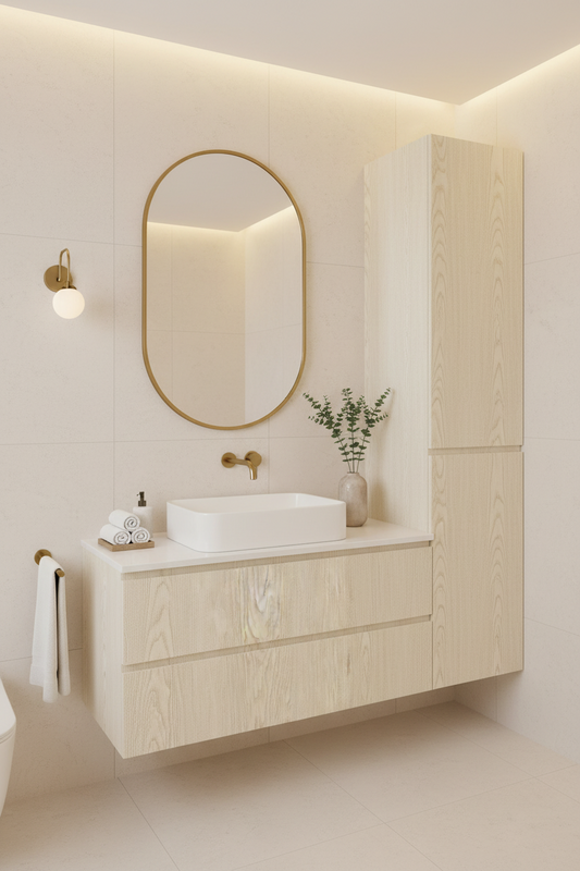Film adhésif décoratif Cover Styl AG13 chêne pâle posé sur meuble de salle de bain