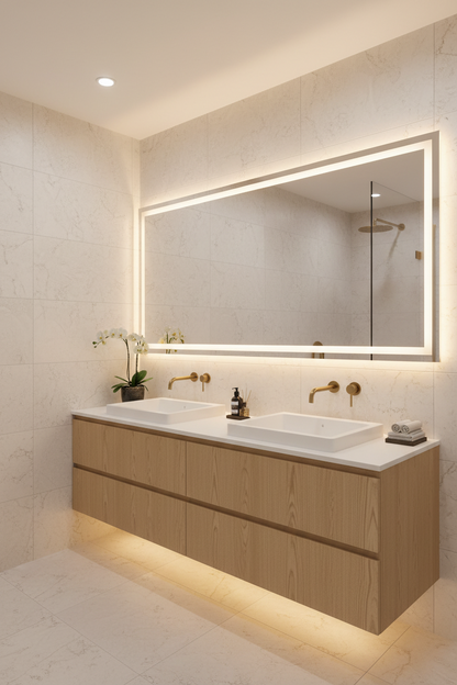 Film adhésif imitation bois Cover Styl AG16 frêne doré crème posé sur meuble de salle de bain