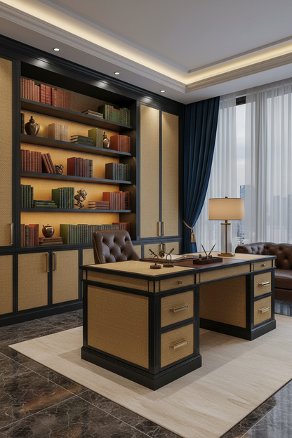 Film adhésif décoratif Cover Styl AL13 tissage métal doré posé sur meuble de bureau