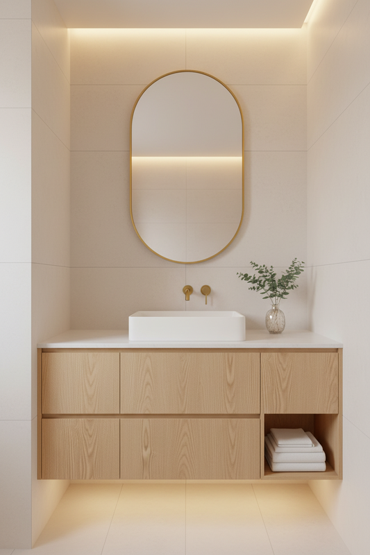 Film adhésif imitation bois Cover Styl AL26 beige brun cendré posé sur meuble de salle de bain