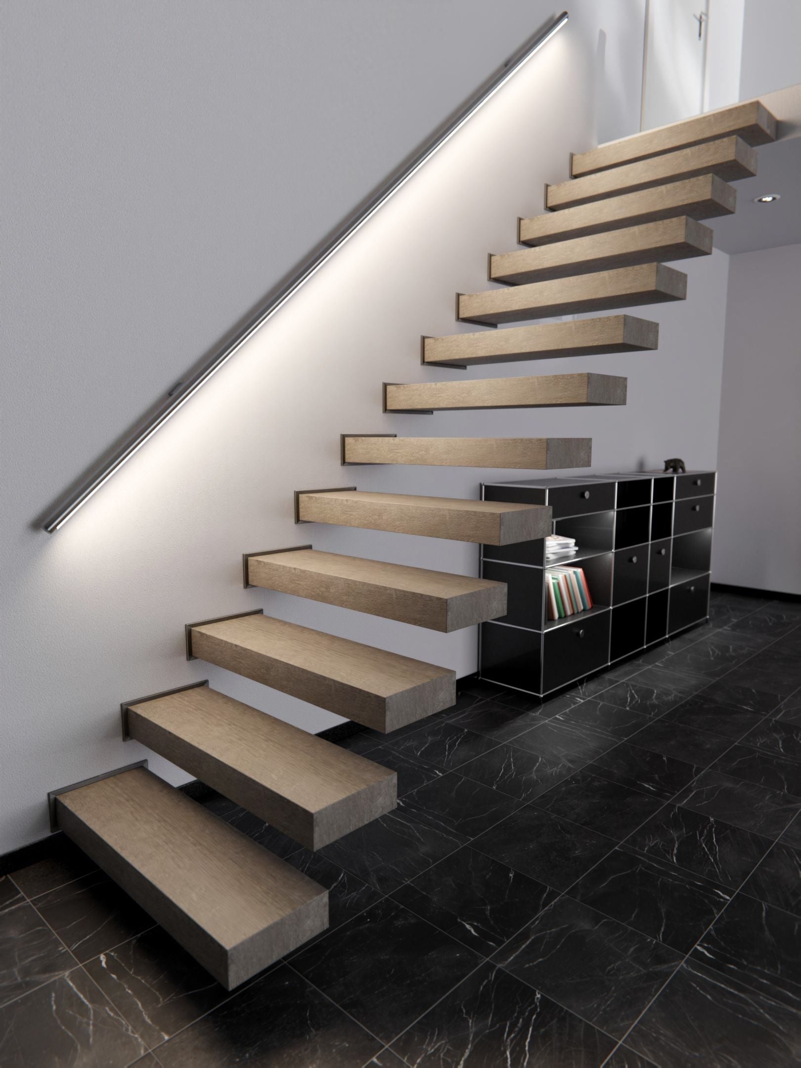Film adhésif décoratif bois chêne ligné gris Cover Styl AA15 posé sur escalier
