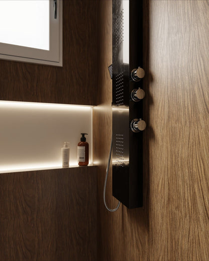 Film adhésif décoratif bois chêne naturel Cover Styl AA14 posé sur salle de bain et douche
