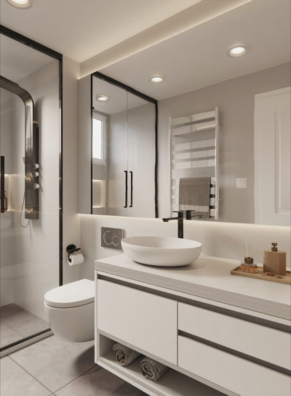 Film adhésif décoratif couleur blanc pur J3 Cover Styl appliqué sur meuble de salle de bain