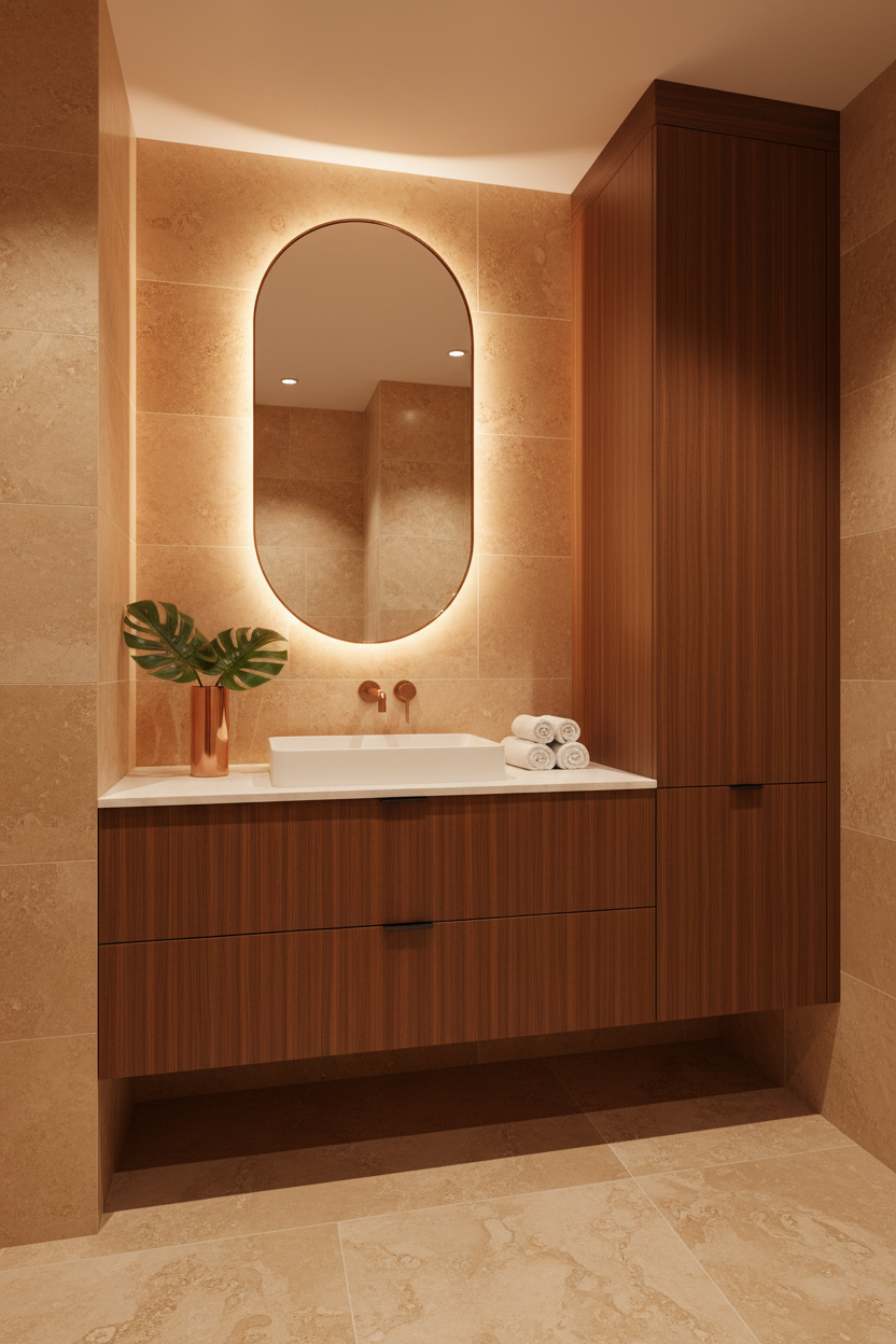 Film adhésif imitation bois Cover Styl CT24 bouleau brun orangé posé sur meuble de salle de bain