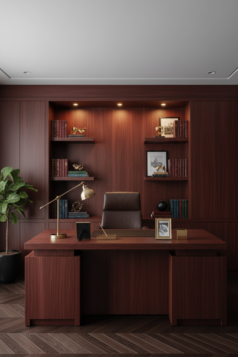 Film adhésif imitation bois Cover Styl CT26 bouleau bordeaux posé sur meubles de bureau