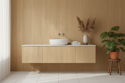 Film adhésif imitation bois Cover Styl CT45 palmier beige posé sur meubles de salle de bain