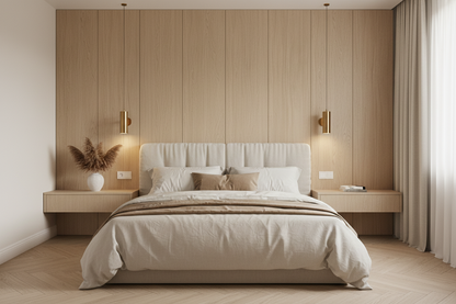 Film adhésif imitation bois Cover Styl CT62 chêne beige profond posé sur meuble et mur de la chambre