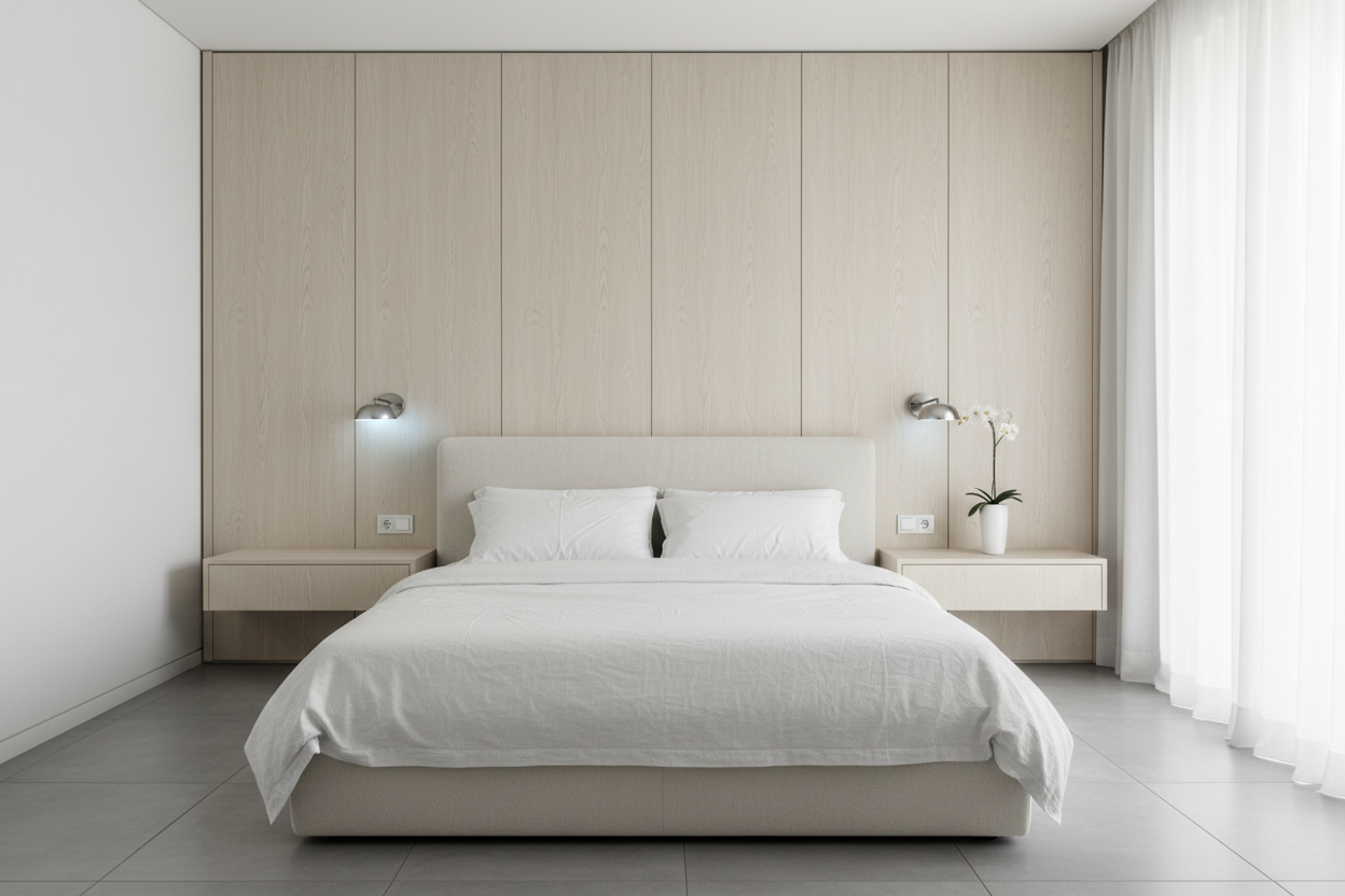 Film adhésif imitation bois Cover Styl CT74 chêne blanc classique posé sur meuble et mur de la chambre à coucher