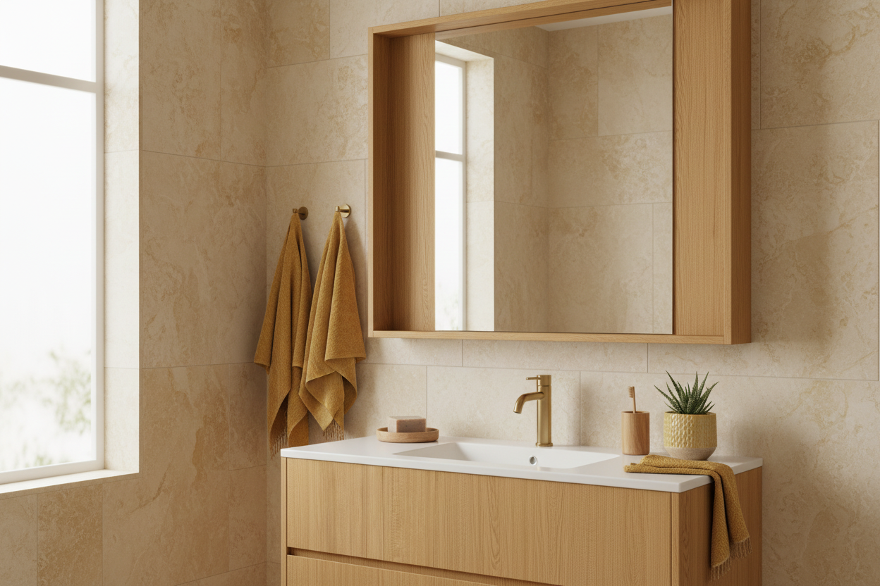 Film adhésif imitation bois Cover Styl CT78 chêne jaune posé sur meuble de salle de bain
