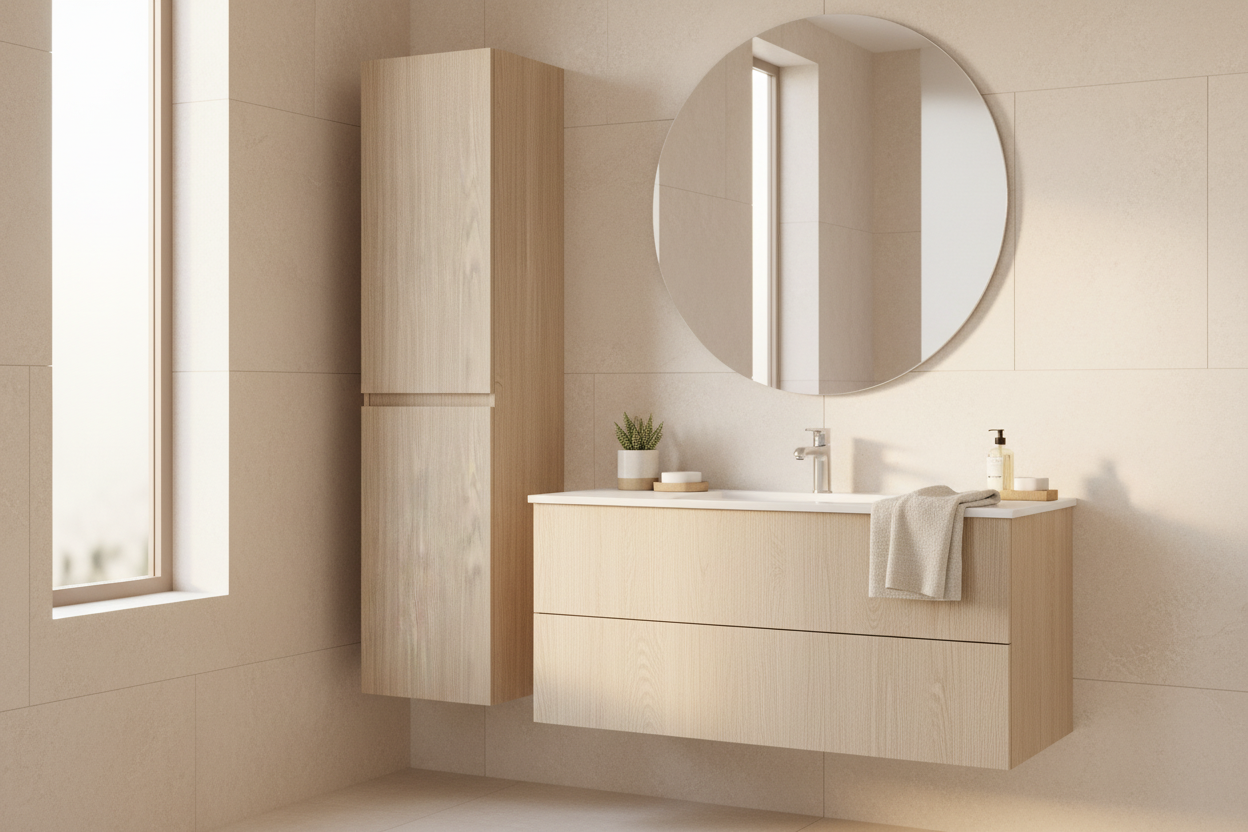 Film adhésif imitation bois Cover Styl CT79 chêne gris pâle posé sur meuble de salle de bain