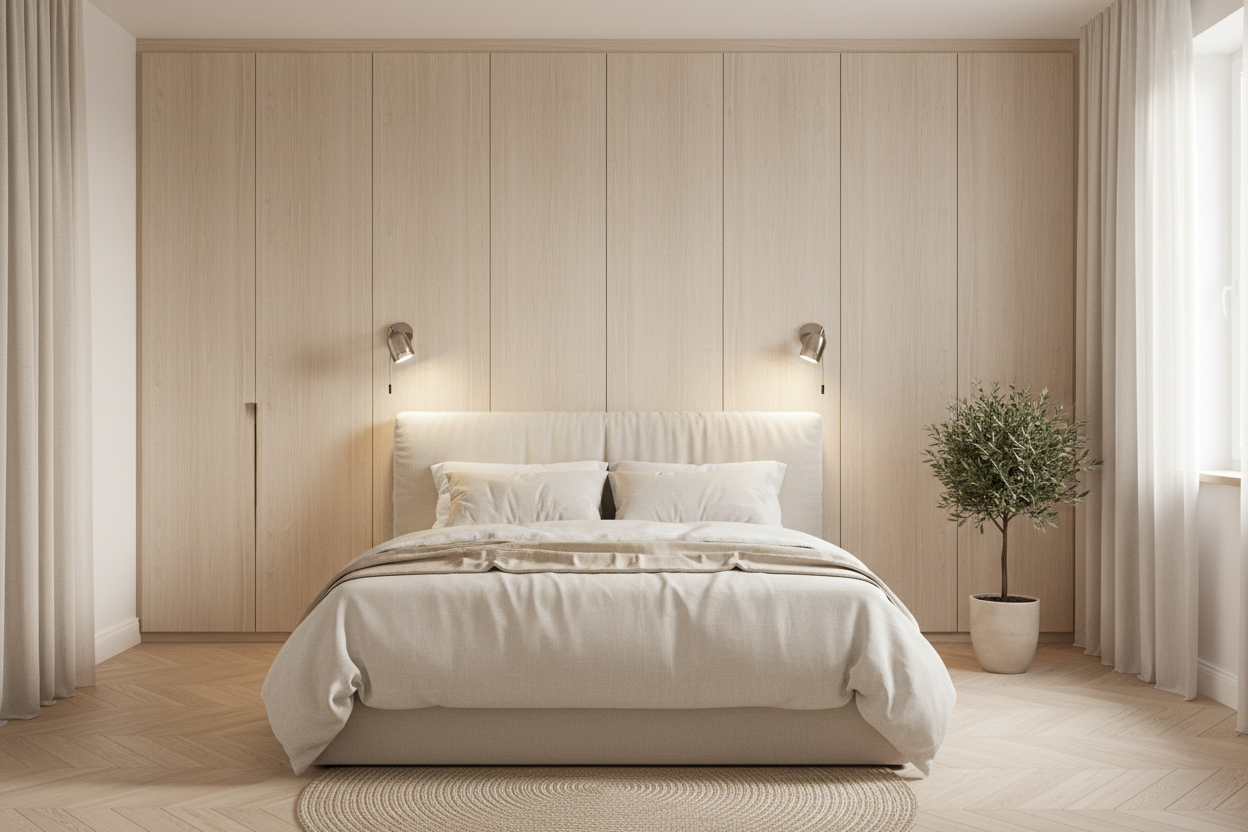 Film adhésif imitation bois Cover Styl CT79 chêne gris pâle posé sur mur et meuble de la chambre à coucher