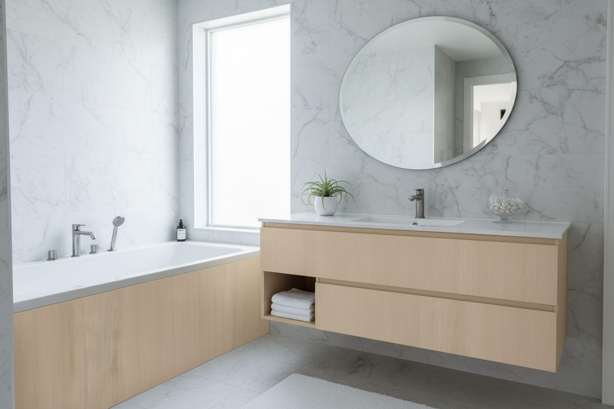 Film adhésif imitation bois Cover Styl CT91 chêne vanille posé sur meuble de salle de bain