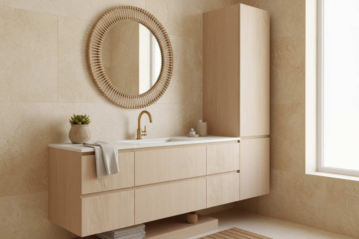 Film adhésif imitation bois Cover Styl CT93 acacia beige posé sur meuble de salle de bain