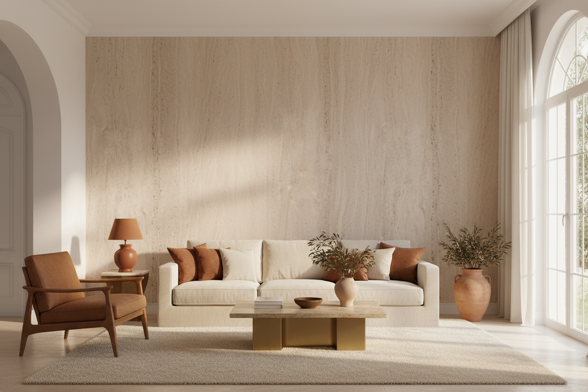 Film adhésif imitation marbre travertin brut Cover Styl MK15 posé sur meuble et mur du salon
