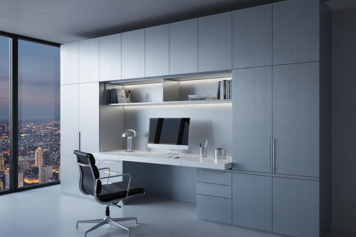 Film adhésif imitation métal Cover Styl ND01 bleu argent brossé posé sur meuble de bureau