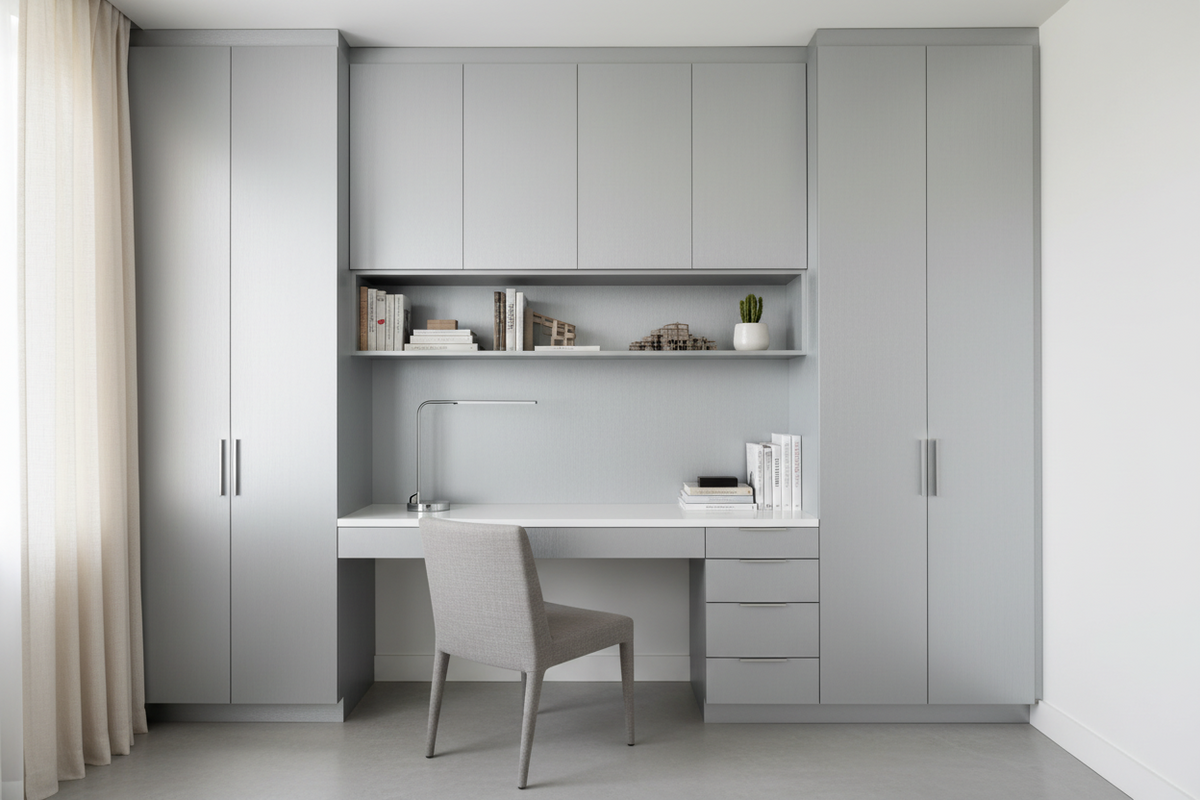 Film adhésif effet métal brossé argent clair Cover Styl ND03 posé sur meuble de bureau