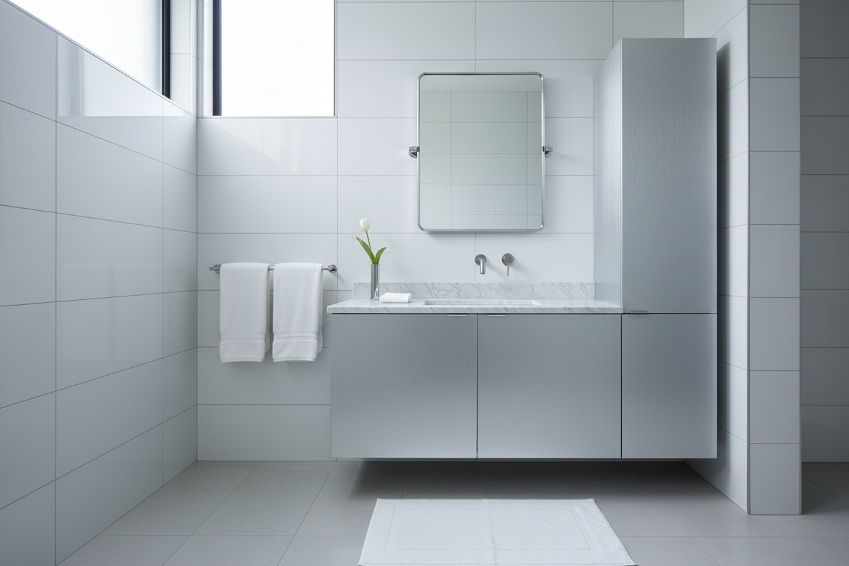 Film adhésif effet métal brossé argent clair Cover Styl ND03 posé sur meuble de salle de bain