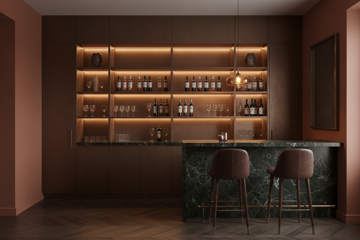 Film adhésif effet cuivre foncé brossé Cover Styl NE48 posé sur meuble de bar