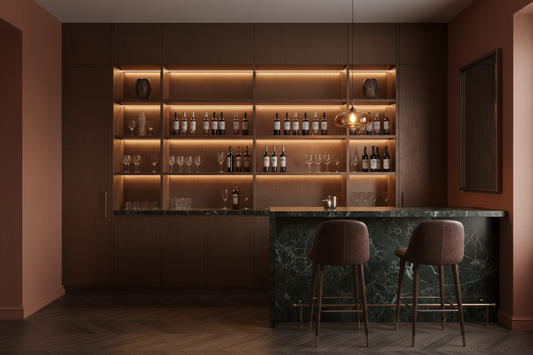 Film adhésif effet cuivre foncé brossé Cover Styl NE48 posé sur meuble de bar