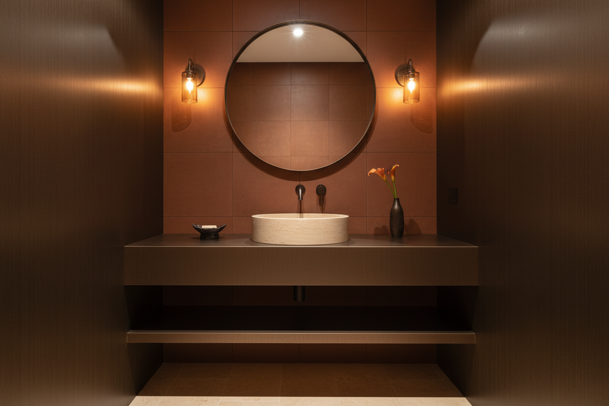 Film adhésif effet cuivre foncé brossé Cover Styl NE48 posé sur meuble de salle de bain