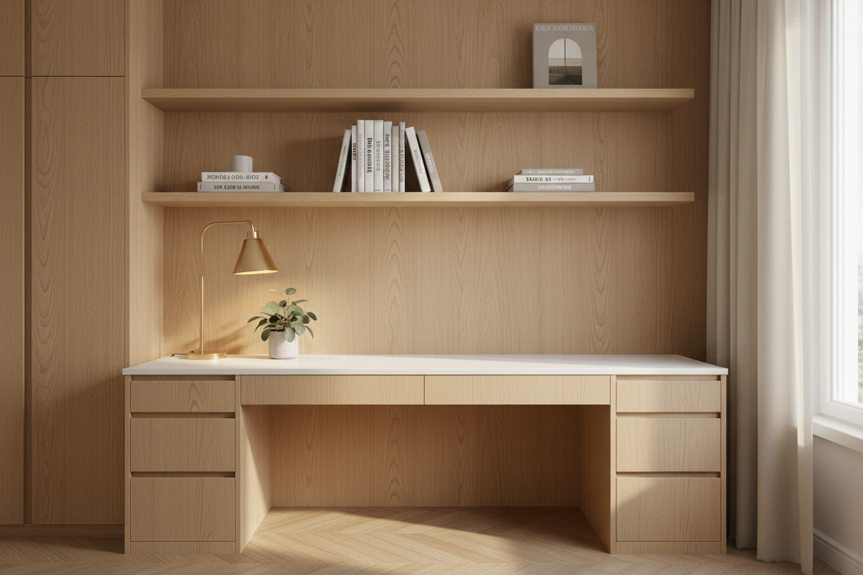 Film adhésif imitation bois noisetier brun clair Cover Styl NE65 posé sur meuble de bureau