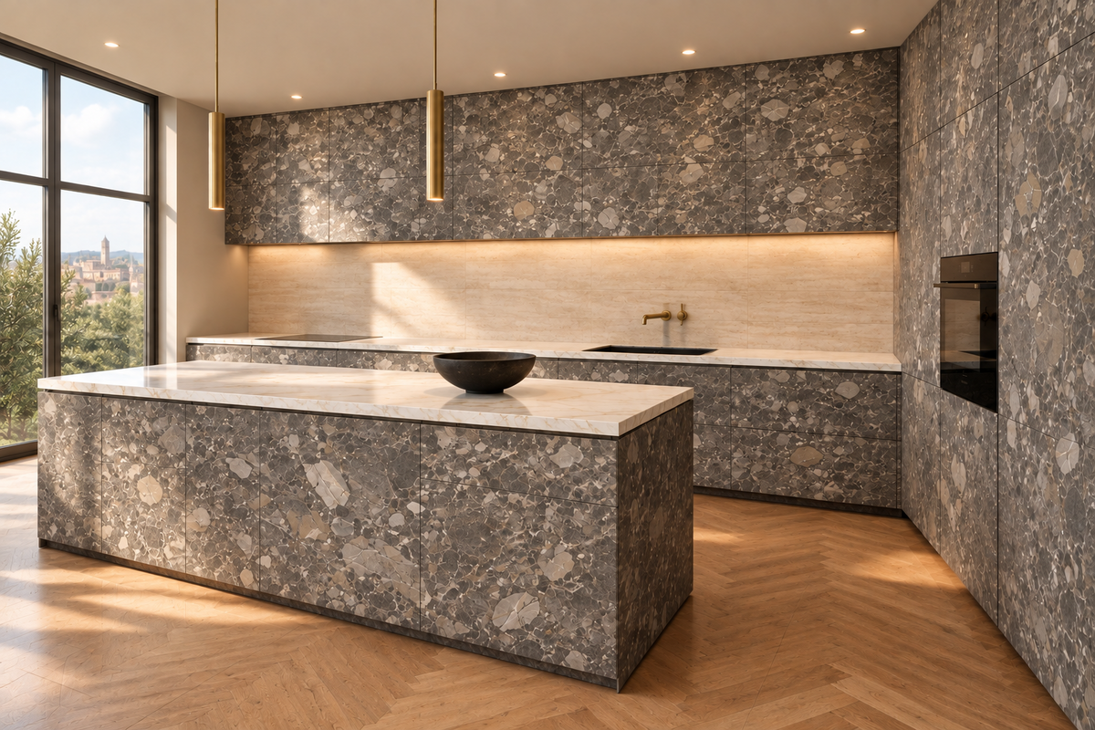 Film adhésif effet terrazzo Lombarda Nero Cover Styl NE71 posé sur façades de cuisine