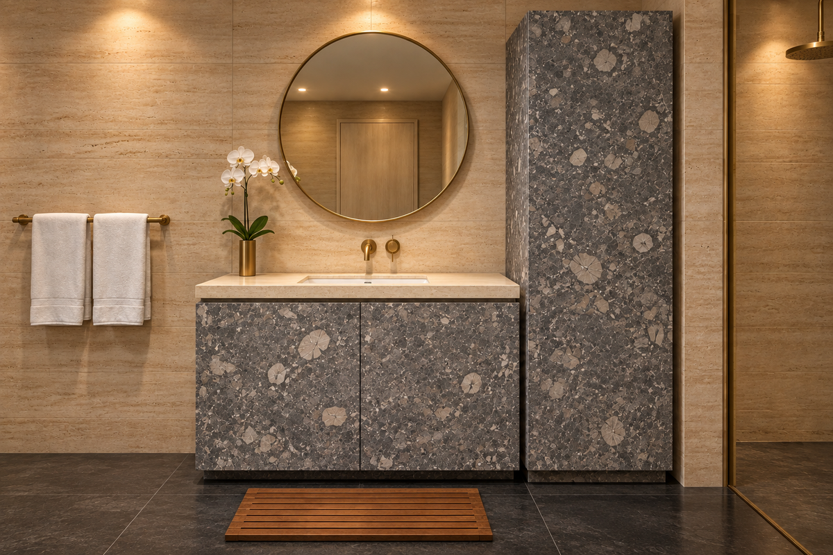 Film adhésif effet terrazzo Lombarda Nero Cover Styl NE71 posé sur meuble de salle de bain