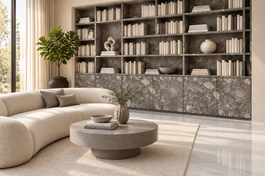 Film adhésif effet terrazzo Lombarda Nero Cover Styl NE71 posé sur meuble de salon