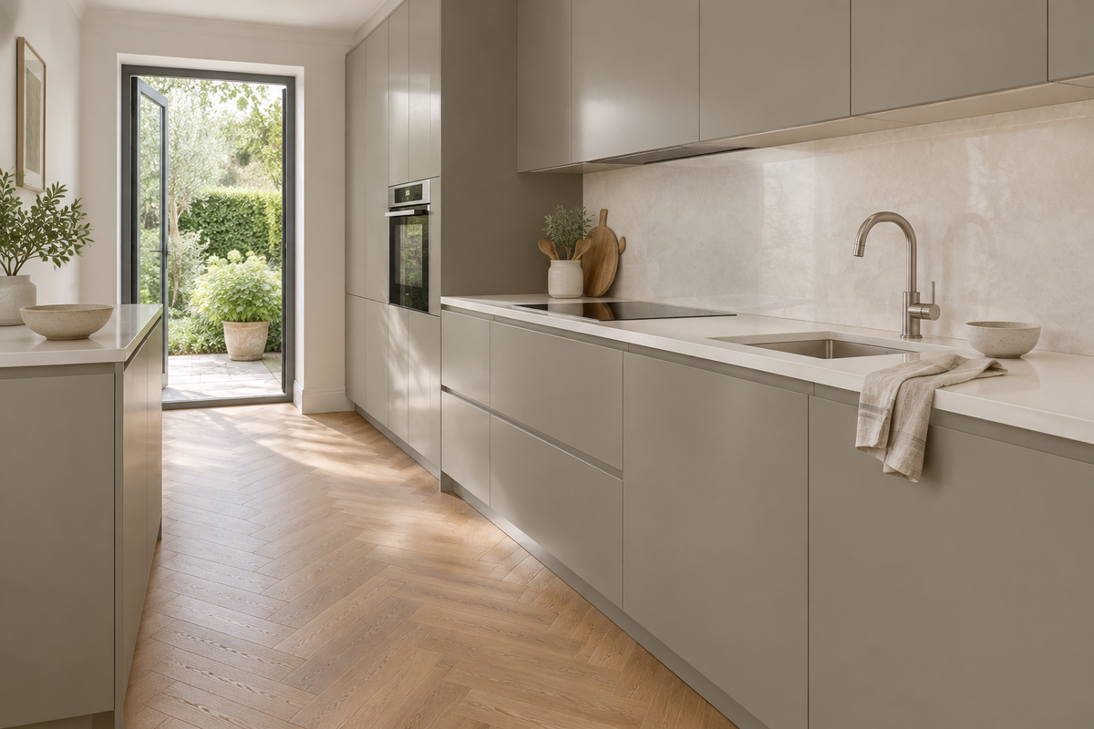 Film adhésif décoratif Cover Styl NE85 greige effet soie, finition Prestige pour façades de cuisine