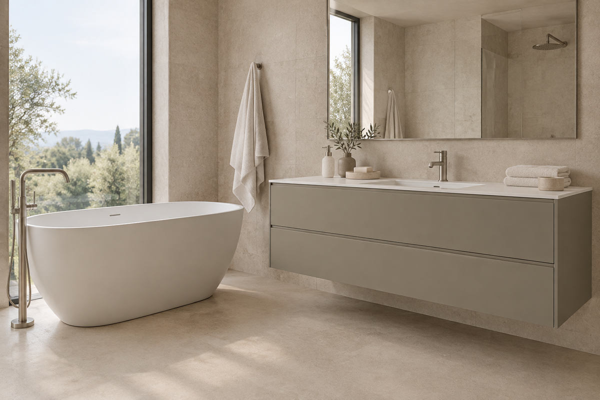 Film adhésif décoratif Cover Styl NE85 greige effet soie, finition Prestige, sur meuble de salle de bain