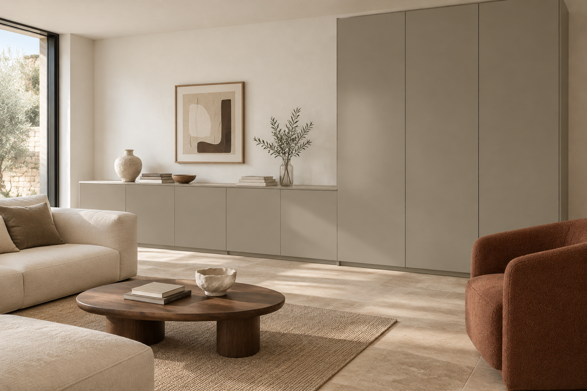 Film adhésif décoratif Cover Styl NE85 greige effet soie, finition Prestige pour meuble de salon