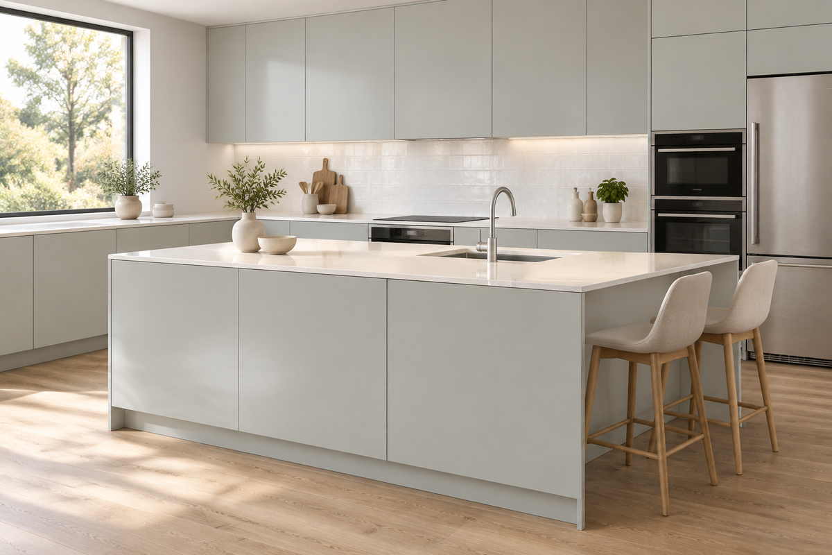 Film adhésif décoratif Cover Styl NE86 Gray gris effet soie, finition Prestige, sur façades de cuisine