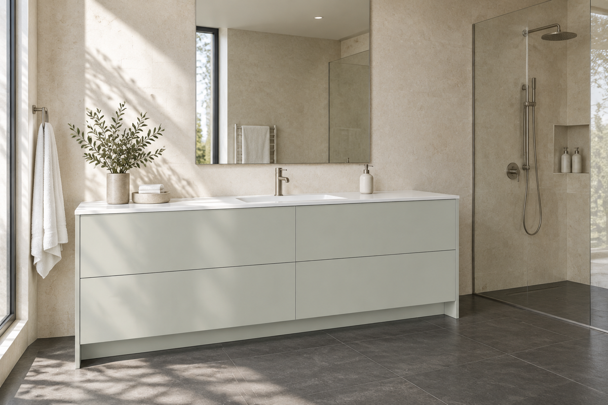 Film adhésif décoratif Cover Styl NE86 Gray gris effet soie, finition Prestige, sur un meuble à quatre tiroirs dans une salle de bain lumineuse