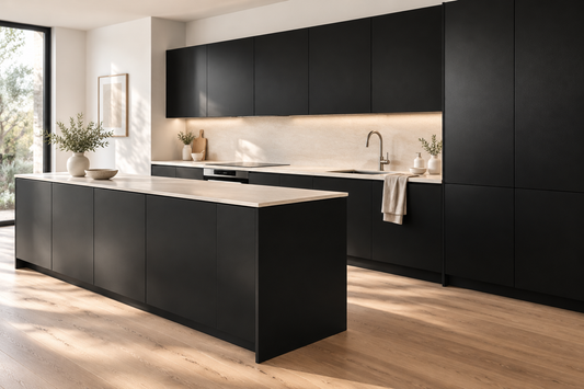 Film adhésif décoratif Cover Styl NE88 Black noir effet soie, finition Prestige, sur façades de cuisine