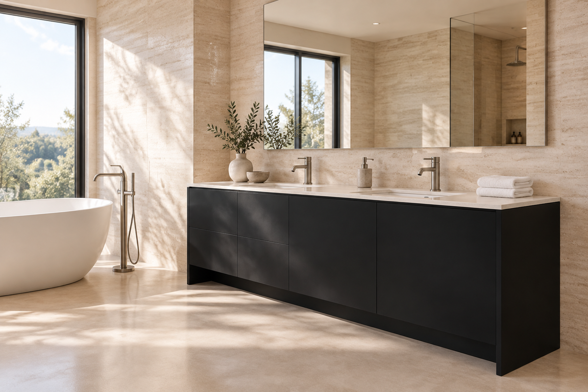 Film adhésif décoratif Cover Styl NE88 Black noir effet soie, finition Prestige, sur meuble de salle de bain