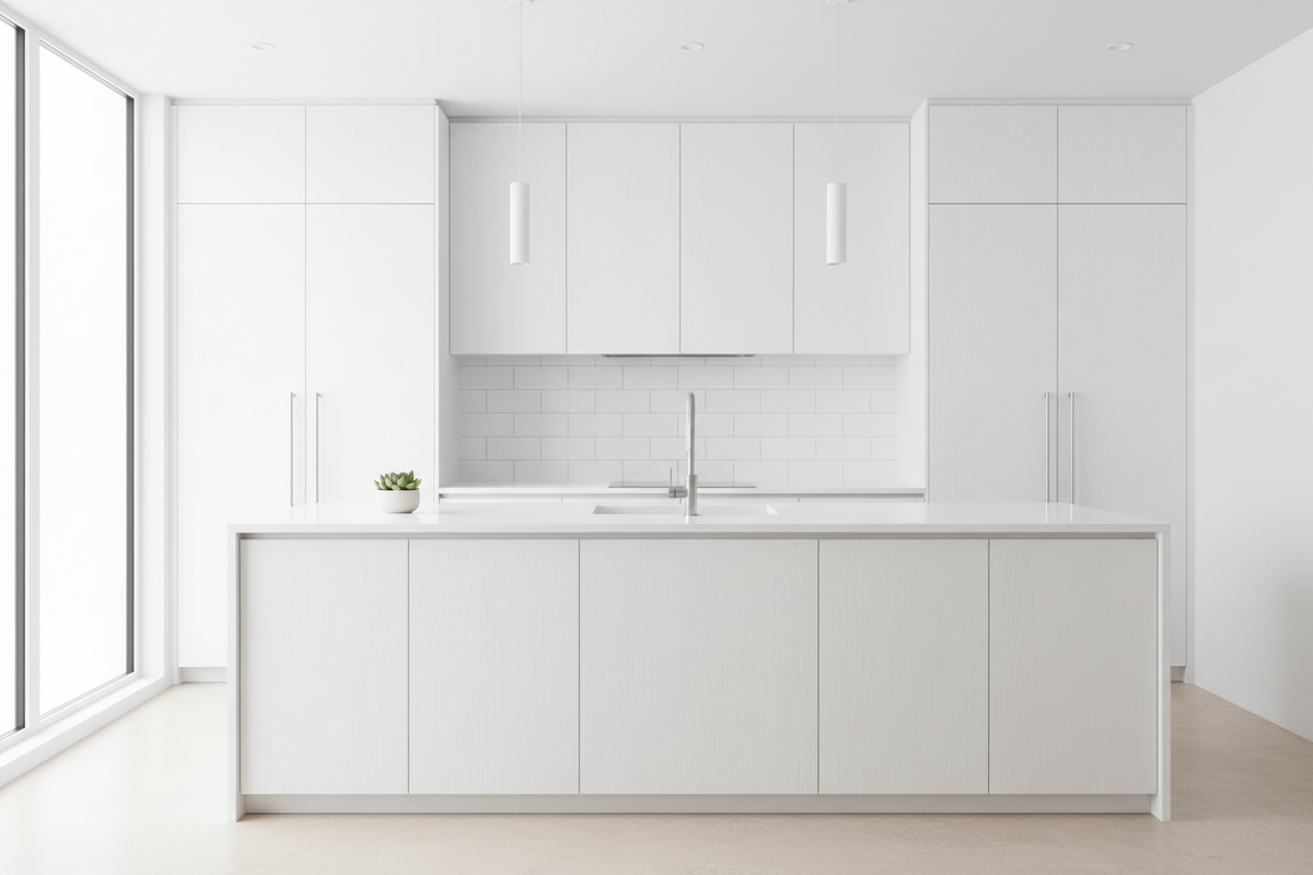 Film adhésif bois peint blanc Crispy White Cover Styl NF17 posé sur façades de cuisine