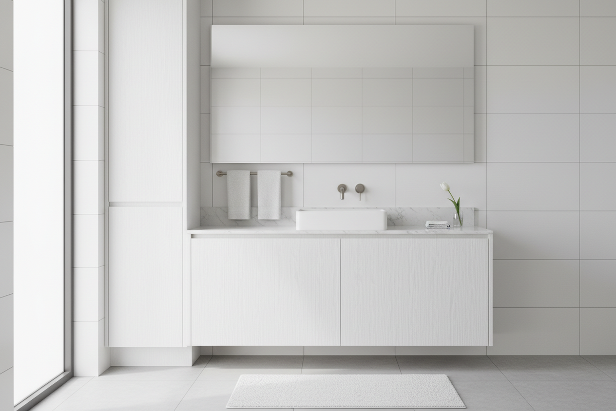 Film adhésif bois peint blanc Crispy White Cover Styl NF17 posé sur meuble de salle de bain